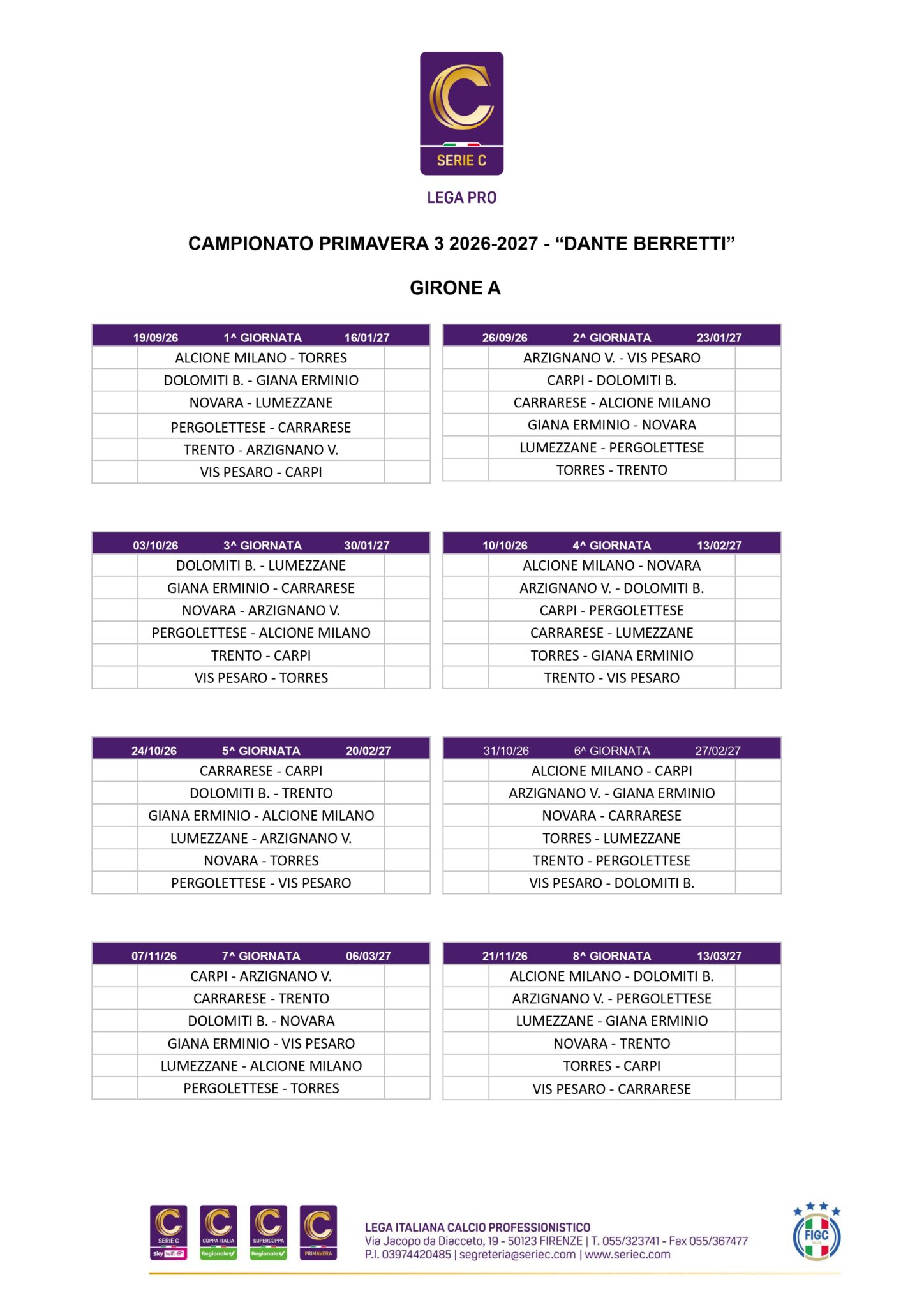 Calendario Primavera 3 2026/27 Girone A