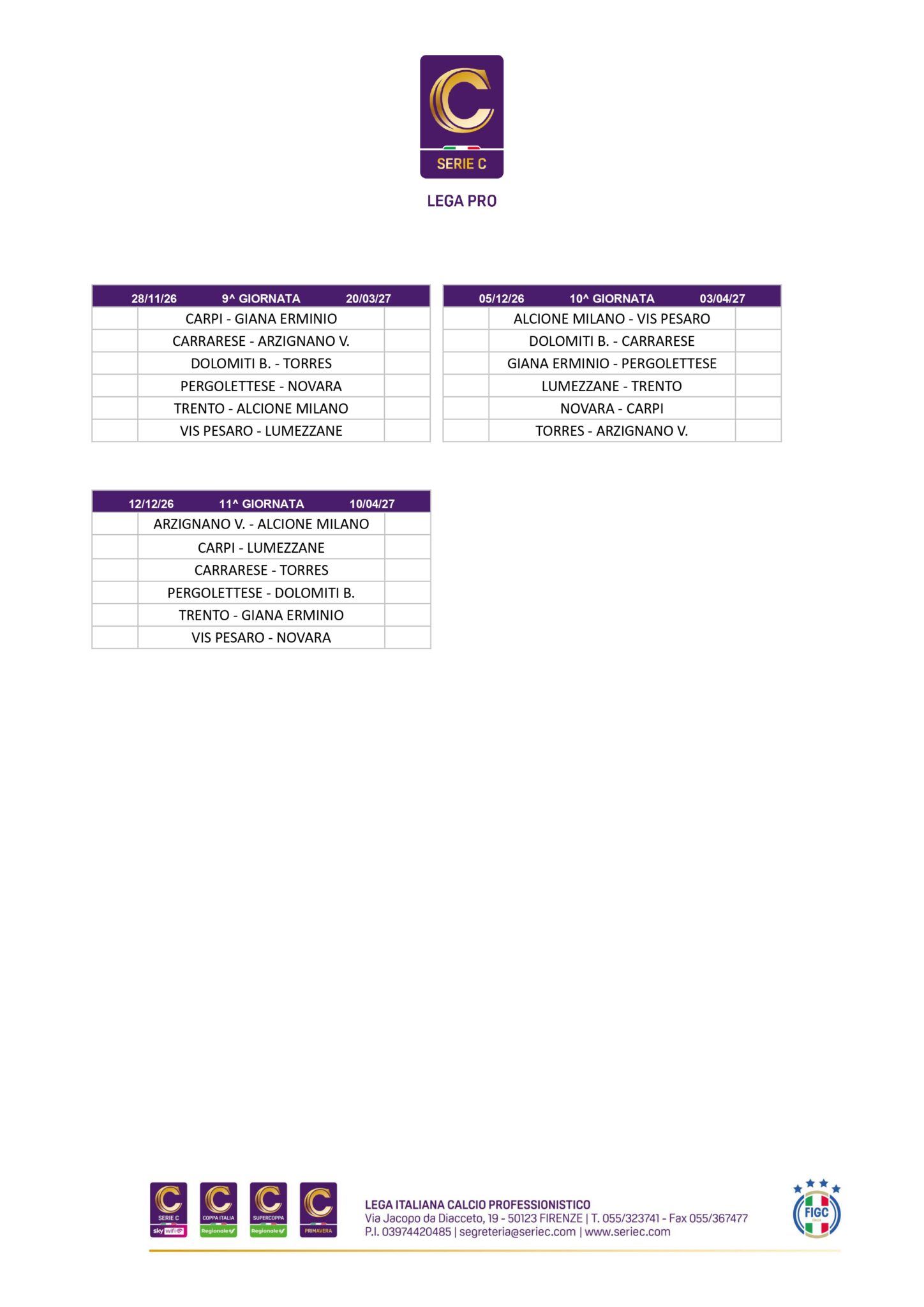 Calendario Primavera 3 2026/27 Girone A