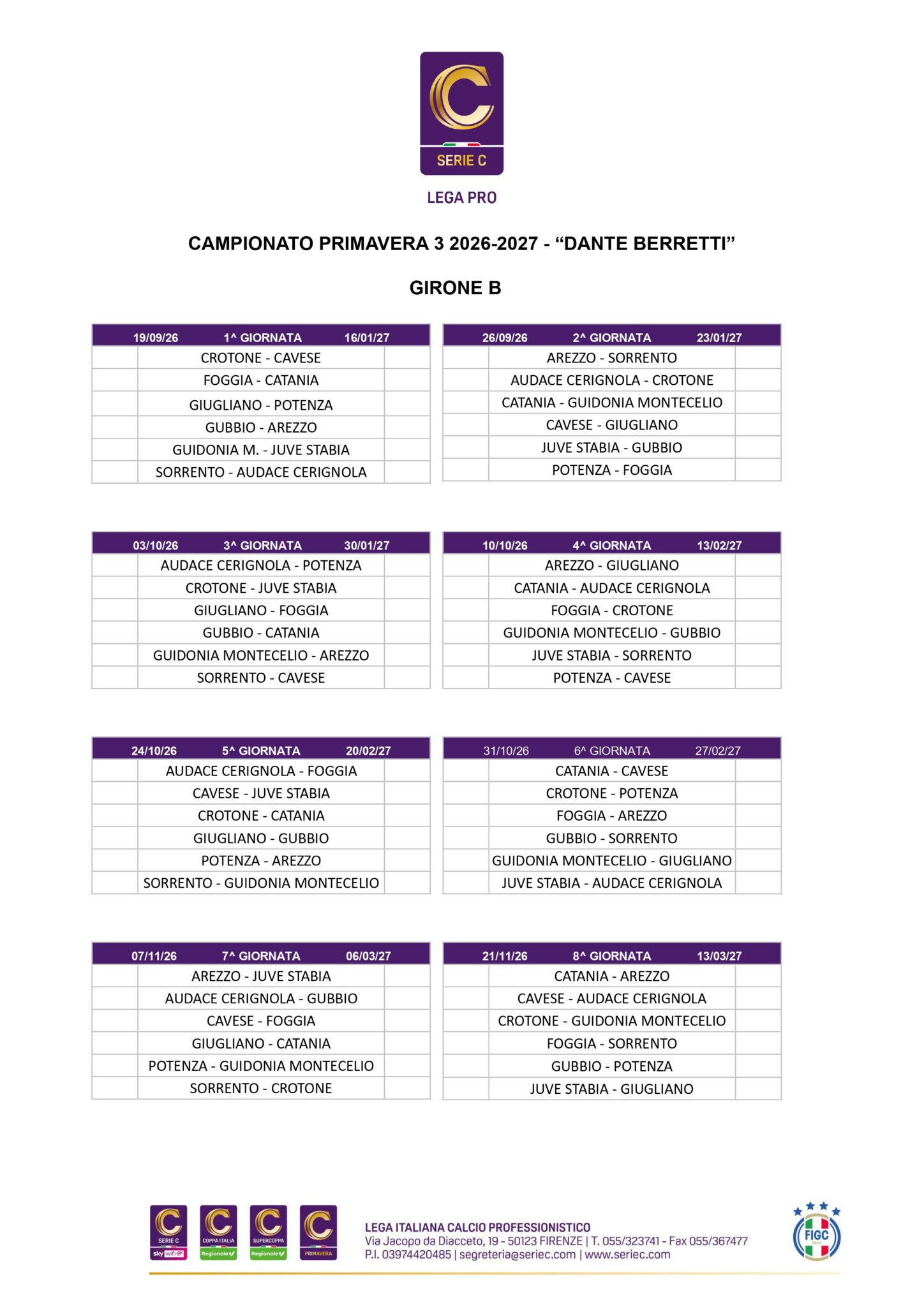 Calendario Primavera 3 2026/27 Girone B